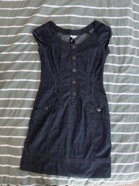 Dark Denim Button-Front Cap Sleeve Dress